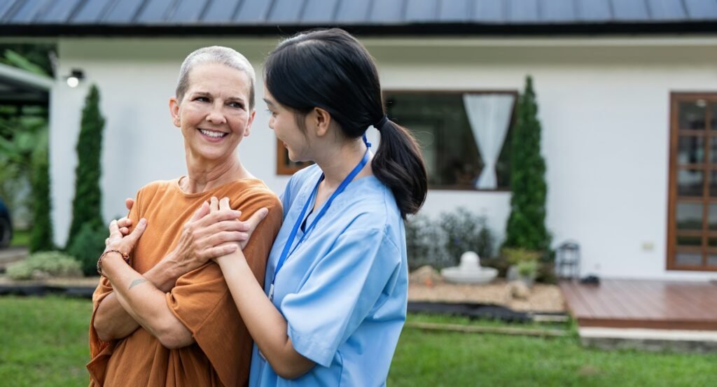 Nurse or caregiver and elderly woman support, healthcare service and health portrait at home